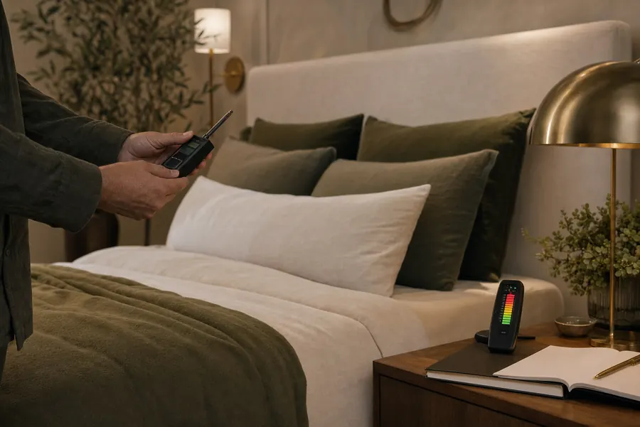 Männlicher Berater misst EMF-Faktoren im Schlafzimmer