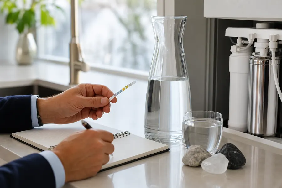 Männlicher Berater prüft Wasserqualität und Filtertechnik